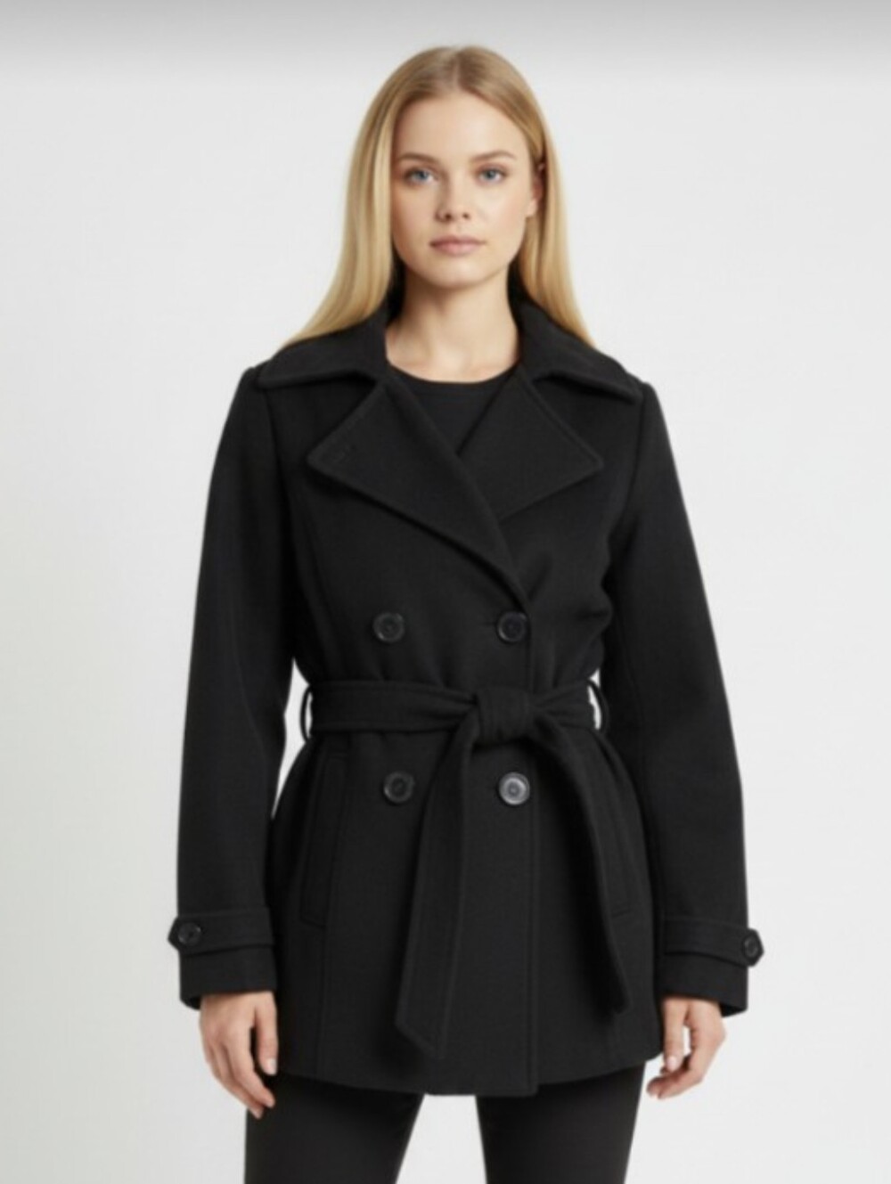 JOU JOU! ADORABLE LUXE! BLACK WOOL LOOK BELTED TIE WAIST JACKET, COAT! SZ S